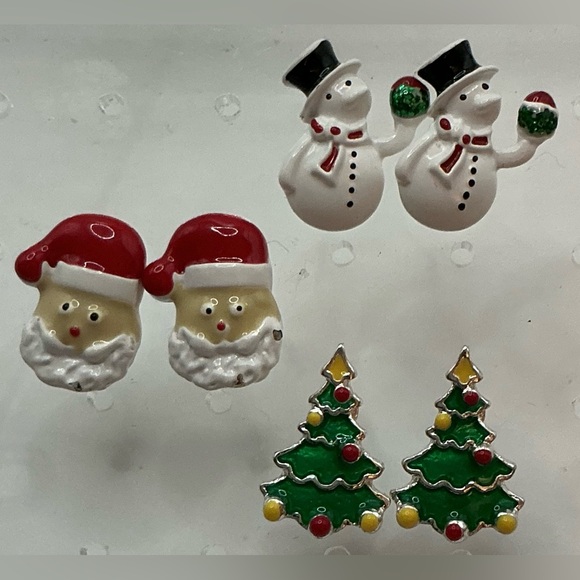 Jewelry - SET OF 3 PAIR FESTIVE CHRISTMAS ENAMEL STUD SMALL EARRINGS TREE SNOWMAN SANTA
